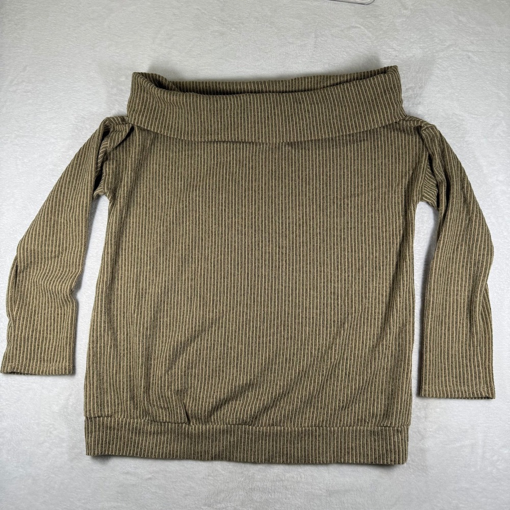 Hopely Womens Off Shoulder Ribbed Knit Striped Top Brown Tan HT9615 Large NEW